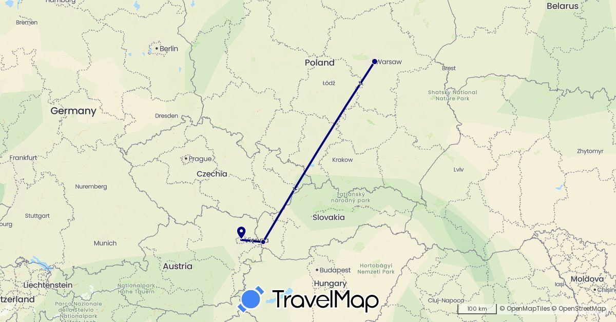 TravelMap itinerary: driving in Austria, Poland, Slovakia (Europe)